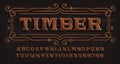 Timber alphabet font. Wooden letters and numbers with nails.