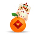 Happy Chinese new year 2023 greeting card Cute Little rabbit and lion dance holding mandarin orange, year of the rabbit zodiac