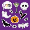 Halloween sticker set - boo speech bubble, bat, spider, ghost, skull, potion, and pumpkin, Royalty Free Stock Photo