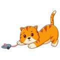 Cute Cat Playing Mouse Toy. Animal Icon Concept. Flat Cartoon Style. Suitable for Web Landing Page, Banner, Flyer, Sticker, Card