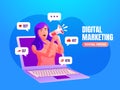 a woman screaming with megaphone and laptop social media marketing concept Royalty Free Stock Photo