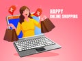 a happy online shopping woman with a laptop