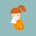 Print. The girl is sick icon. The girl blows her nose into a handkerchief. Headache, cold, runny nose. The child got sick. Quarant Royalty Free Stock Photo