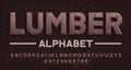 Lumber alphabet font. Wooden letters and numbers with screws.