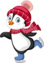 Cartoon penguin ice skating on white background Royalty Free Stock Photo