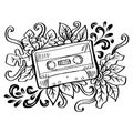 Cassette doodle hand drawing with floral decoration. Royalty Free Stock Photo