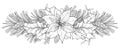 Vector outline garland with Poinsettia or Christmas Star, pine and cone in black isolated on white. Royalty Free Stock Photo