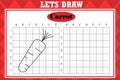 Draw cute carrot. Grid copy worksheet. educational children game. Drawing activity for toddlers and kids. Royalty Free Stock Photo