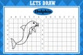 Draw cute dolphin. Grid copy worksheet. educational children game. Drawing activity for toddlers and kids. Royalty Free Stock Photo
