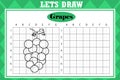 Draw cute grapes. Grid copy worksheet. educational children game. Drawing activity for toddlers and kids.