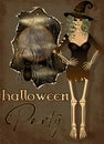 Halloween Party vip card, witch skeleton and spider invites to the feast, vector