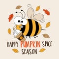 Happy pumpkin spice season - funny bee with pupmkin spice latte cup and autumnal leaves. Royalty Free Stock Photo