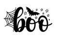 Boo - calligraphy design woth spider web and bat silhouette and stars Royalty Free Stock Photo