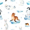 Watercolor winter seamless white background with cute arctic animals