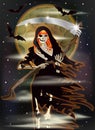 Redhair Lady Grim Reaper, halloween invitation card vector