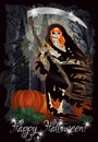 Happy Halloween party invitation card. Redhair Lady Grim Reaper