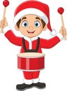 Cartoon little boy in red santa clothes playing drums Royalty Free Stock Photo