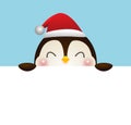 Merry Christmas and Happy new year poster, cheerful of penguin wearing christmas hats holding big sign board in Christmas Royalty Free Stock Photo