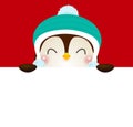 Merry Christmas and Happy new year poster, cheerful of penguin wearing christmas hats holding big sign board in Christmas Royalty Free Stock Photo