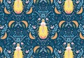 Seamless pattern with flowers and bugs, insects and leaves.