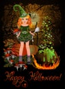 Happy Halloween card, Little redhair witch with spoon, amanita cooks a potion, vector