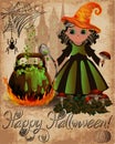 Happy Halloween invitation card, Little cute witch with spoon, amanita cooks a potion Royalty Free Stock Photo