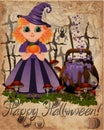 Happy Halloween greeting card, Little cute witch with pumpkin, mushrooms and potion, Royalty Free Stock Photo