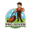Lawn Mover worker vector illustration in retro style logo