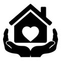 Heart House Logo in hands, printable outline house template design, house silhouette Royalty Free Stock Photo