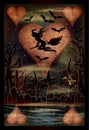 Happy Halloween poker hearts card, cemetery and witch Royalty Free Stock Photo