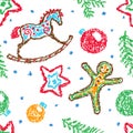 Seamless Christmas pattern with rocking horse and gingerbread cookie, ball.