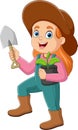 Cute gardener girl with plants and shovel