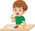 Cartoon boy having breakfast with bread, sausage and orange juice