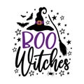 Boo witches - Witch hat , broom, bats and stars Royalty Free Stock Photo