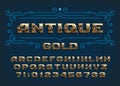 Antique Gold alphabet font. Golden letters and numbers inlaid blue gemstones.