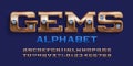 Gems alphabet font. Gold letters and numbers with blue gemstones.