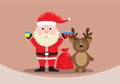 uncle santa claus holding gift boxes and red bags brown deer