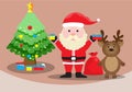 Uncle Santa Claus holding a gift box and a red bag. There is a deer and a Christmas tree with gift boxes under the tree.