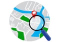 A magnifying glass glides across the map: concept, scanning for travel areas or target customer addresses.