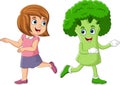 Cartoon little girl with with broccoli mascot character