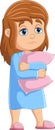 Cartoon sleepy girl standing with hugging pillow