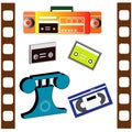Print 90\'s era 3d tape audio player cassette illustration cordless phone picture reel