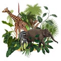 Season Abstract Nature Banner Background. Jungle plants, cartoon animals elephants, zebra, giraffe.