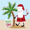 Merry Xmas - funny greeting with Santa Claus in island and palm tree with christmas lights