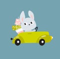 Print. A cute rabbit is carrying gifts by car. Cartoon hare. Delivery of gifts. Gifts for kids. Cute forest animal. cartoon charac Royalty Free Stock Photo