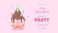 Card birthday airy party pink banner with chocolate cupcake and three candles hung pink bow