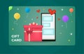 Customer gift card with illustration of 3d render style, mobile, balloons, hearts, isolated on green background. Royalty Free Stock Photo