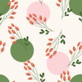 Festive cozy Christmas seamless pattern with rose hips and circles on a background.