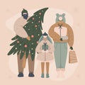 Happy family buying and holding Christmas tree and gifts Royalty Free Stock Photo