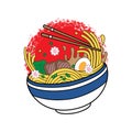 Ramen noodles vector illustration on bowl and chopstick with vintage retro flat style. Royalty Free Stock Photo
